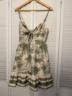 Cream & Olive Tie-Front Sundress with Ruffle Hem